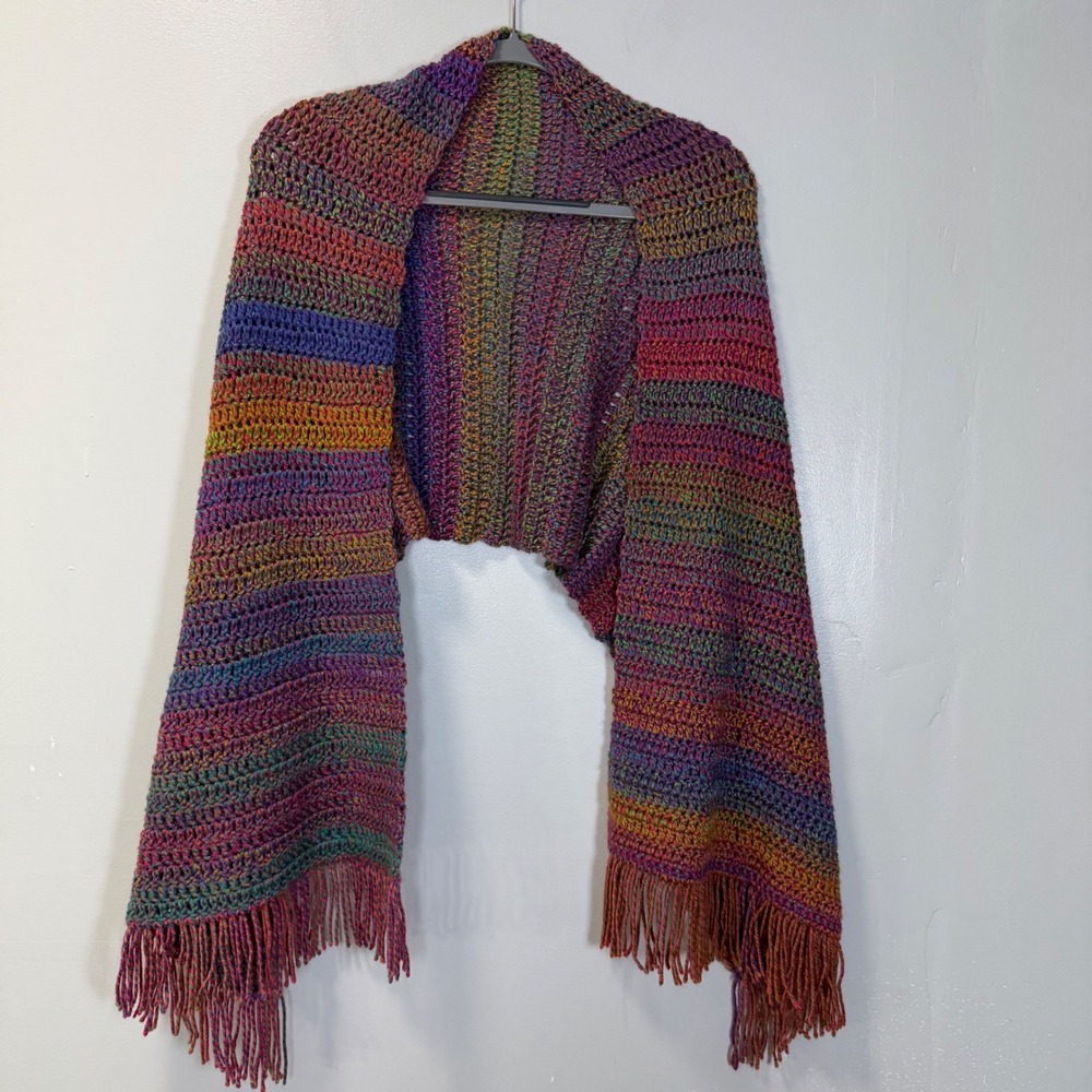 Hand Knit Scarf Multi Color Striped Crochet Wrap Fringed Boho Artsy Shawl